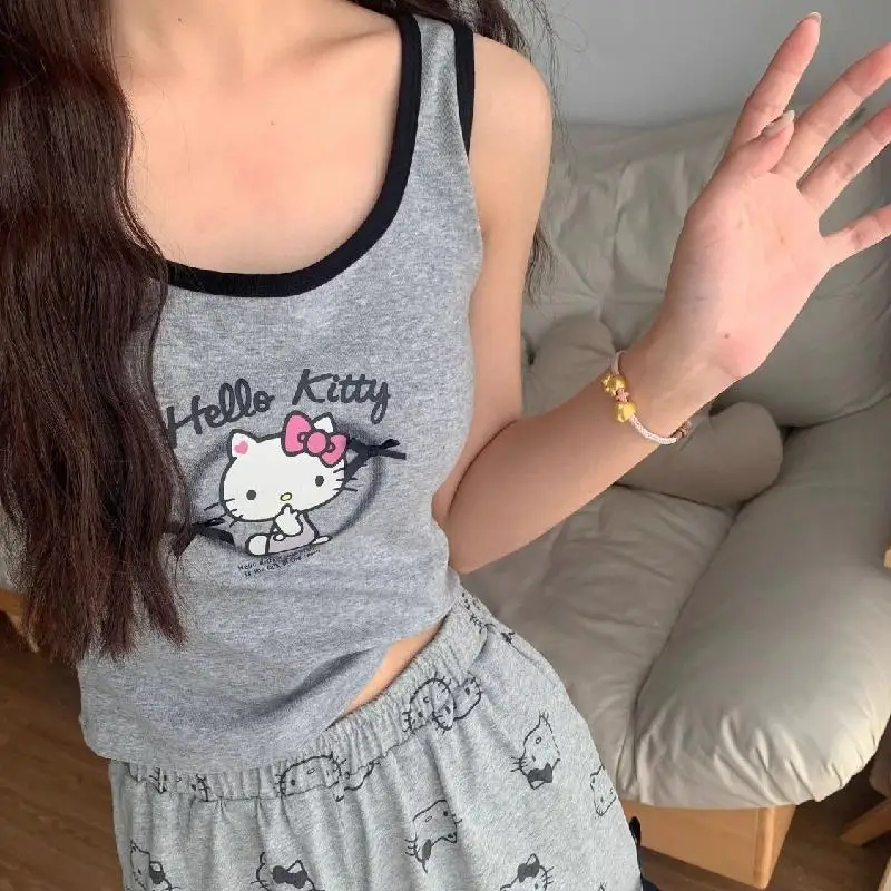 Sanrio Kit Girl Sexy with Chest Cushion Camisole Pajama Set Kawaii Hello Kitty Comic Summer Ventilation Vest Shorts Leisure Wear