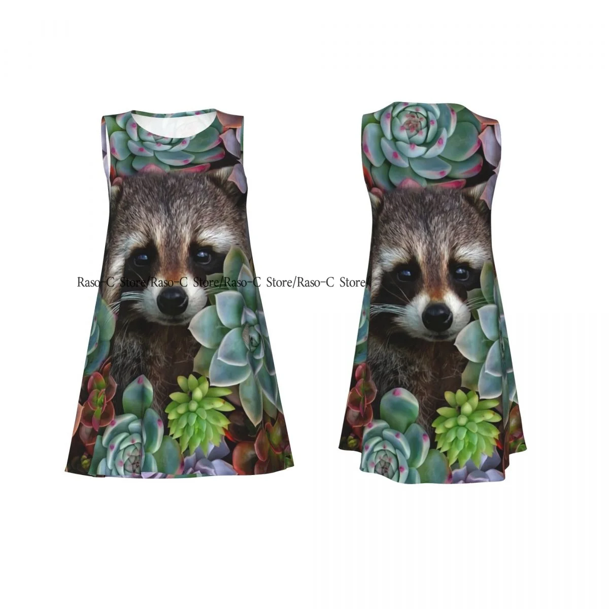 ชุดสตรีน่ารัก Raccoon ใน Succulents ฤดูร้อน Casual T เสื้อชายหาด COVER UP Tank Dress