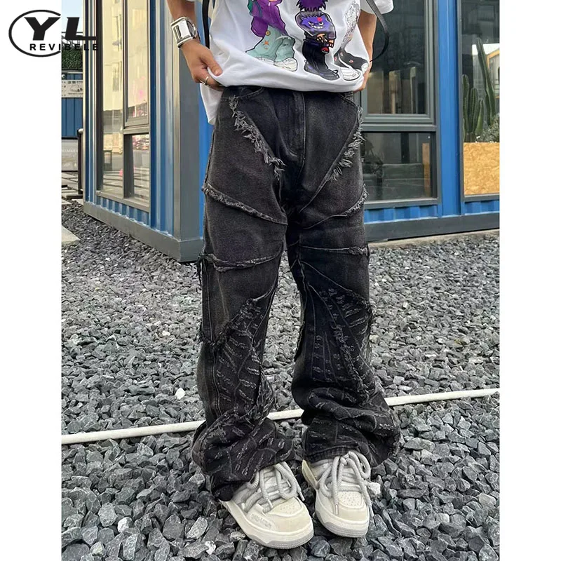 

High Street Wide Leg Denim Pants Man Woman Baggy Spider Web Raw Edge Jeans Washed Gothic Unisex Hip Hop Retro Straight Trousers