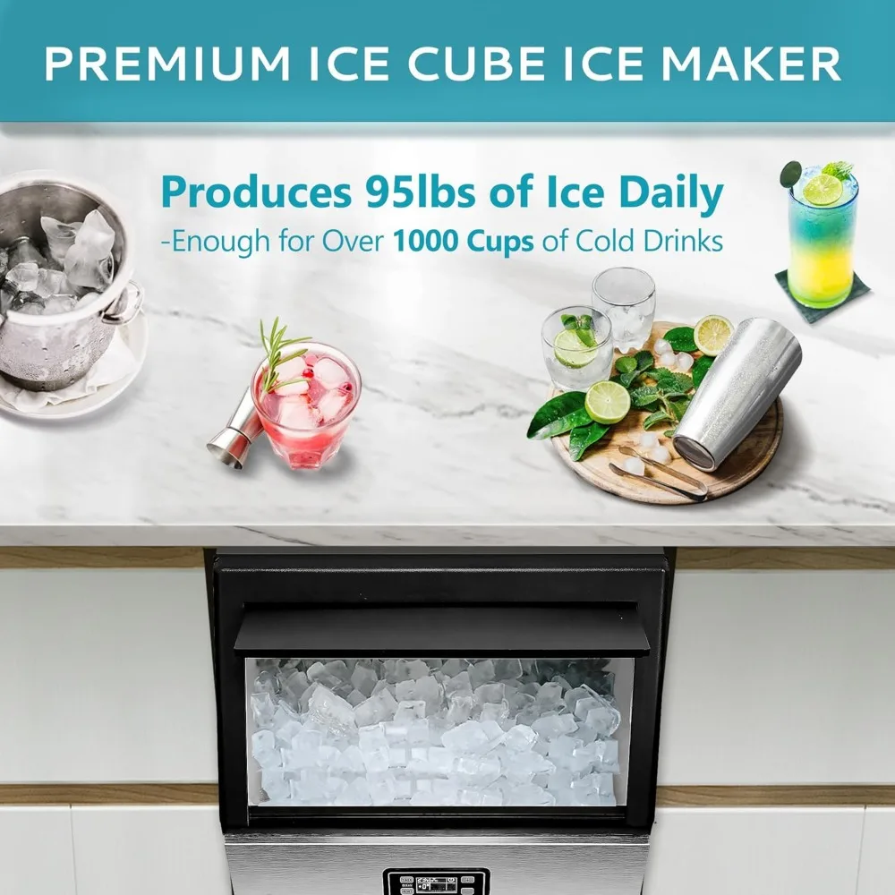 Commercial Ice Maker Machine Daily Production, 33lbs Ice Storage, Stainless Steel Freestanding & Under Counter Ice Maker,