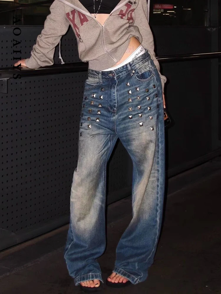 

НОВЫЕ модные джинсы Aoaiiys для женщин, широкие брюки с заклепками, весна-осень, новые простые классические повседневные джинсовые брюки