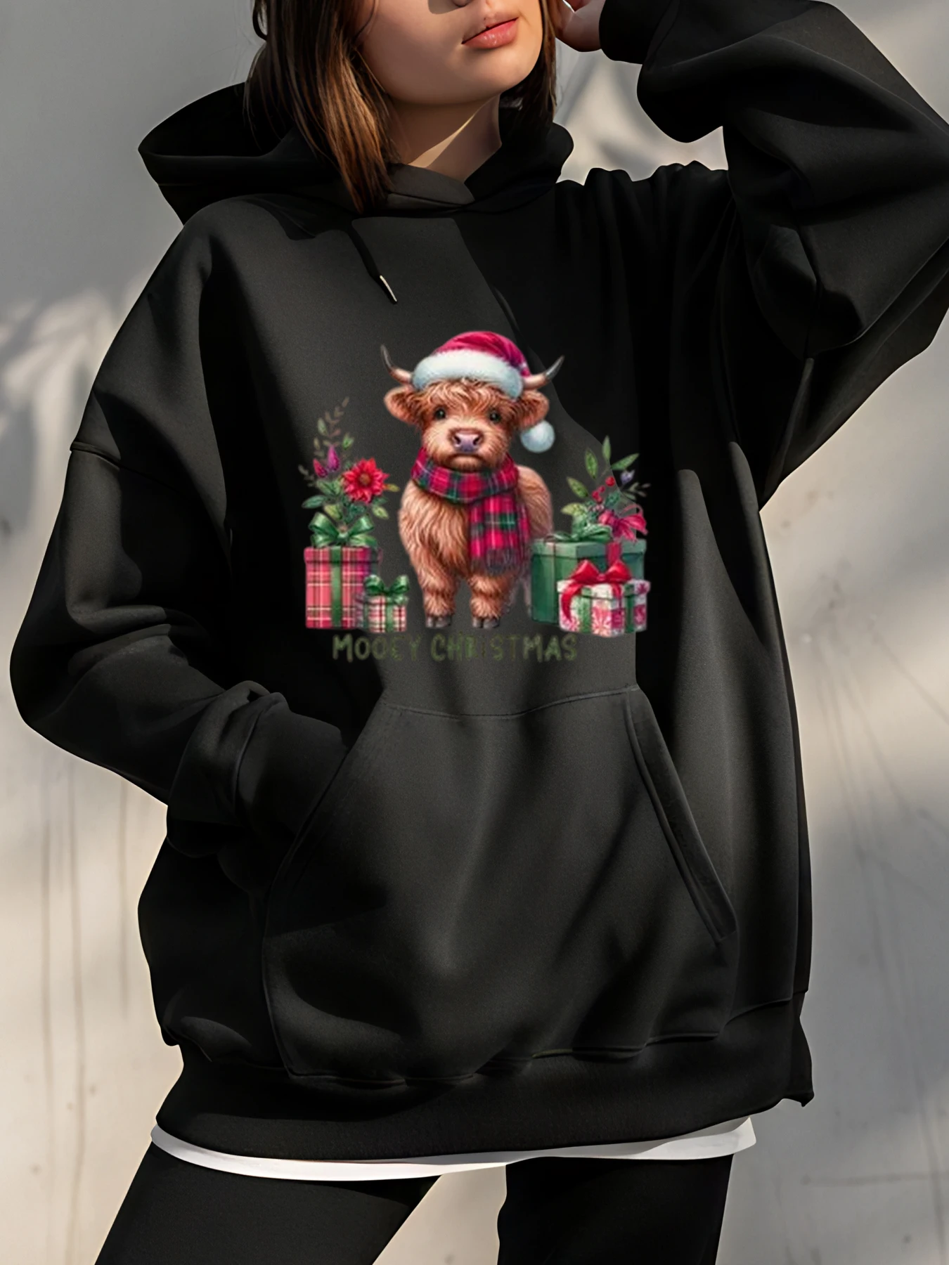 

Рождественская толстовка с капюшоном, шляпа Санта-Клауса, клетчатый шарф, подарочная коробка с принтом, унисекс, повседневная толстовка для женщин и мужчин, праздничная одежда