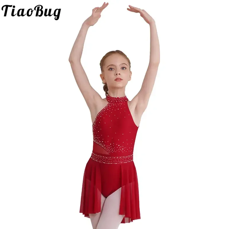 Kids Girls Glittery Rhinestones Ballet Leotard Dress Rhythmic Gymnastics Lyrical Dance Tutu Dresses Skating Performance Costumes