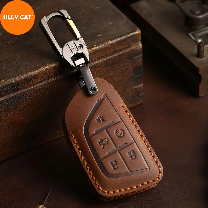 SILLY CAT Handmade Genuine Leather Car Key Case Cover Fob Shell Bag Protector Suitable For Cadillac CT5 CT4 2020- Key Case Cover