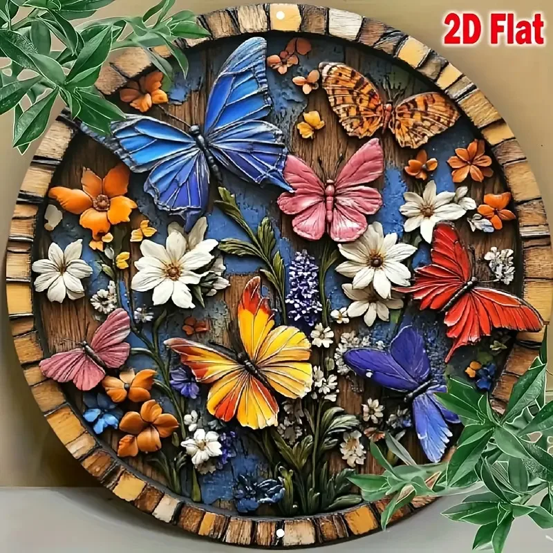 Aluminium-Schmetterlings-Garten-Wanddekoration – 8x8 Zoll Vintage-Metallschild für drinnen und draußen, rostfreie Hängekunst mit Blatt-Design, E