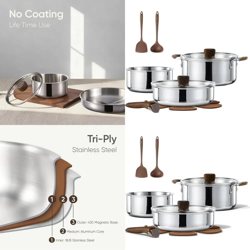 

Stainless Steel 10-Piece Cookware Set with Detachable Handles, Pots and Pans, Induction Compatible, RV/Camping, Oven Safe, Woodg
