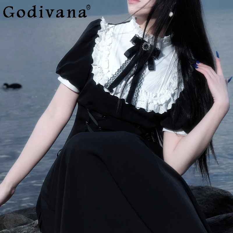 여성 여름 우아한 로리타 스타일 드레스 오리지널 디자인 프랑스어 레트로 드레스 여성 블랙 허리 Cinching 레이스 롱 드레스