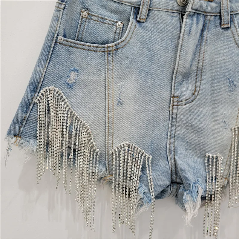 Street Style Tassel Chain Denim Shorts 2024 Summer New High Waist Slimming Sexy Girl Exquisite Rhinestone Irregular Shorts Women