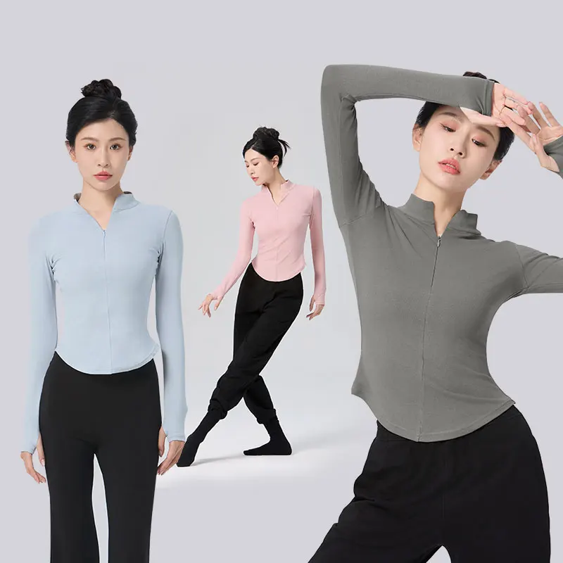 Woman Ballet Tops Stand Collar Dance Shirt Tops with Zipper Ballet Jacket Coat Cotton Long Sleeve Close-fitting Fitness Tops