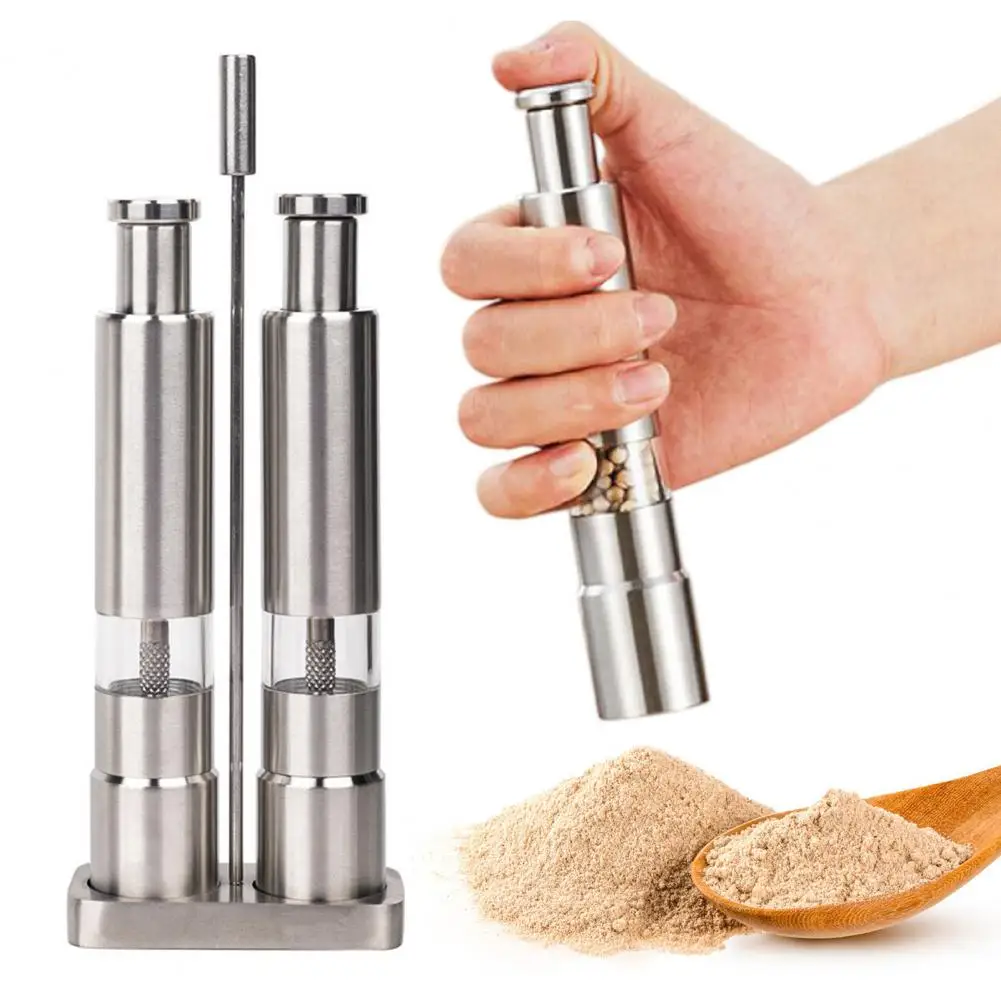 Manual Salt And Pepper Grinder Set Stainless Steel Pepper Mill with Clear Storage Base,One-Hand Operation Adjustable Coarseness