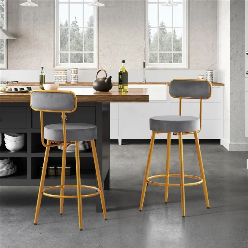 Low-Back Counter Height Velvet Bar Stools with Gold Legs, Dark Gray