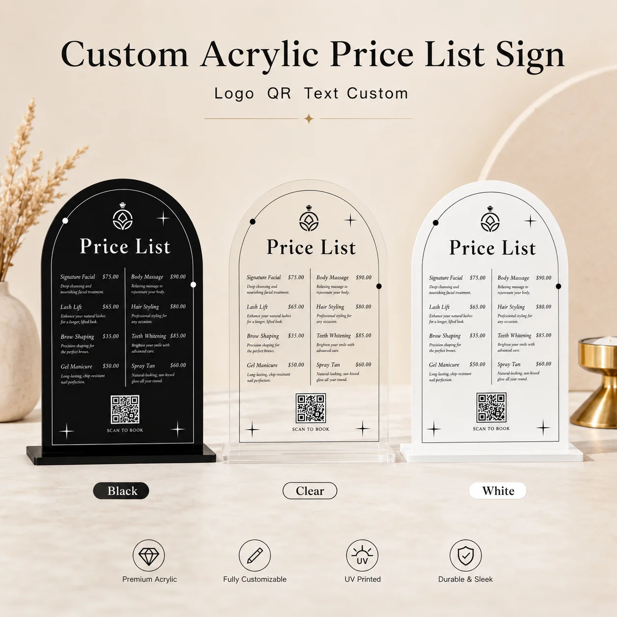 Personalized Arched Acrylic Price List Customizable Logo QR Code Text Plaque For Salon Beauty Nail Hair Studio Business Display