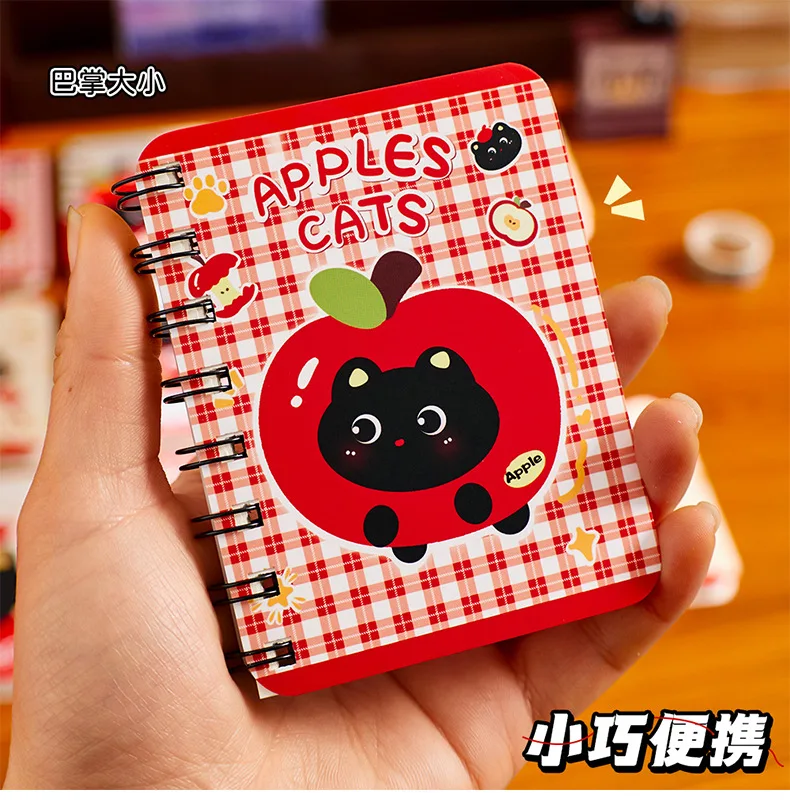Kawaii Apple Cat Spiral Notebook, Cute Cartoon Mini A7 Lined Journal, Portable Thick Notepad for Students & Office