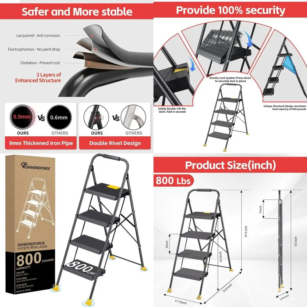 Foldable Folding Stool Step Ladder - 4 Stepping Tall Heavy Duty Extension with Handrails for Home Adults Kitchen - Extendable St
