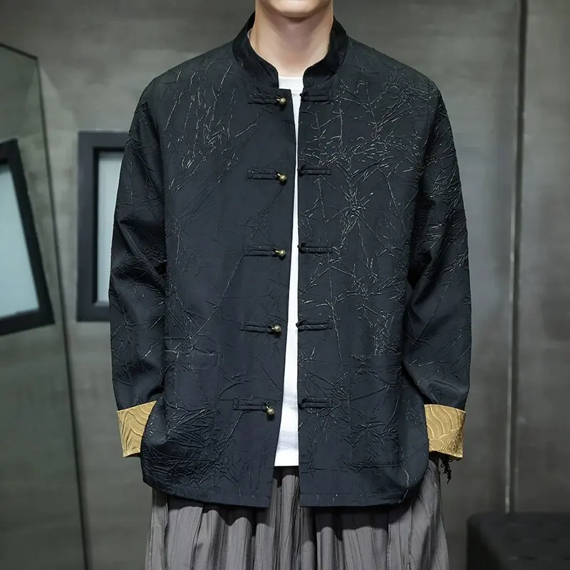 

Мужская повседневная куртка свободного кроя в стиле китайского ретро, на пуговицах, с воротником-стойкой, универсальная, для весны и осени