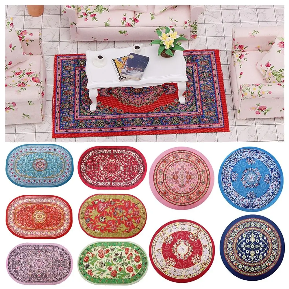 Oval Round Dollhouse Carpet Floral Pattern Multicolor Miniature Weaving Rug Doll Accessories Playing House Floor Covering Mat