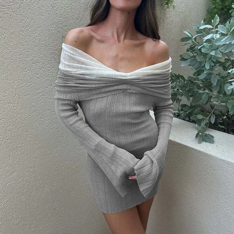 

TARUXY Sexy One-Shoulder Color Block Knitted Dress Female Long-Sleeved Slim Thin Sweater Mini Dress Backless Party Club Outfits