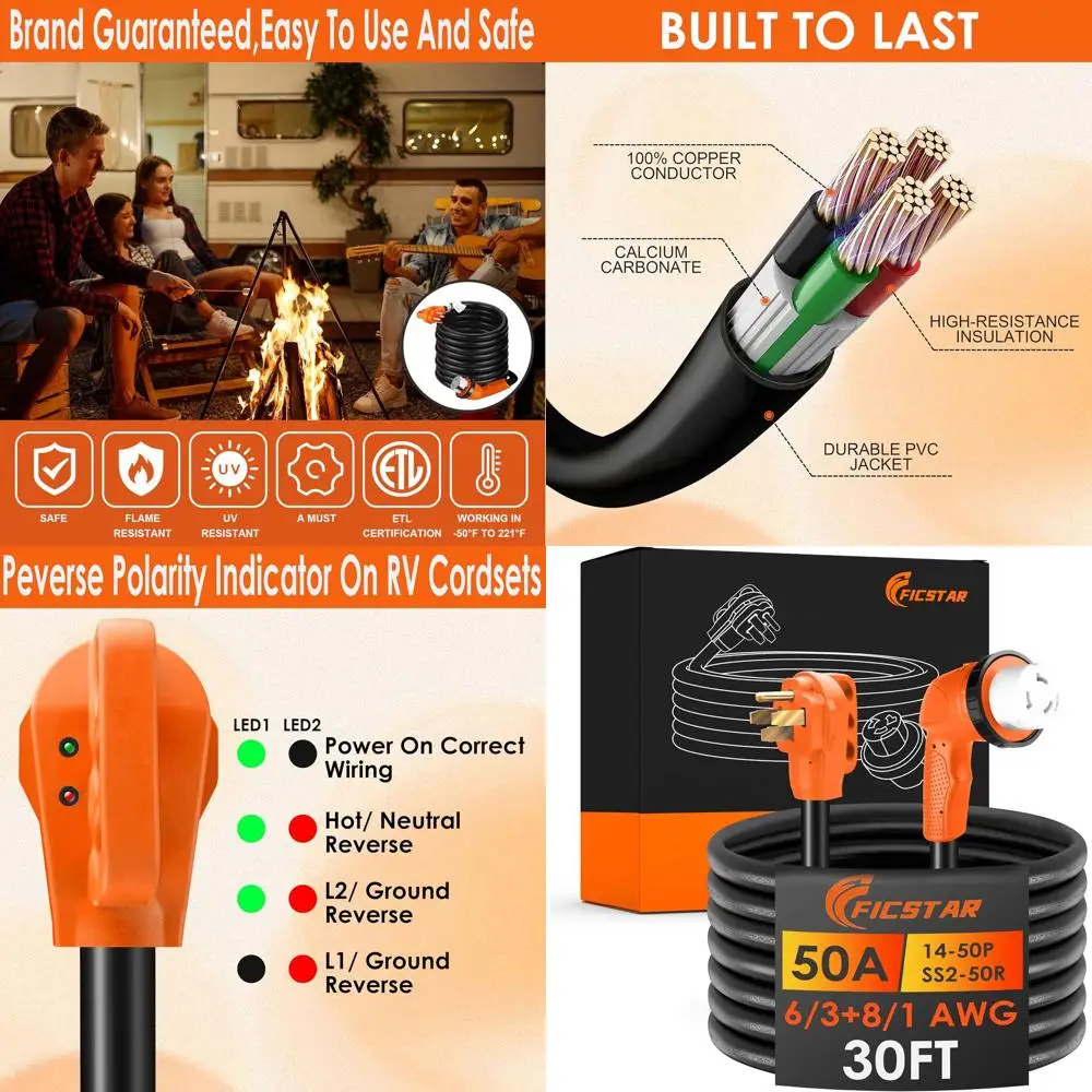 

Удлинитель для автодома на 50 А, 30 футов, сверхмощный шнур питания для автодома 6/3+8/1 SJTW AWG с поворотным замком ручки, NEMA 14-50P к SS2-50R с