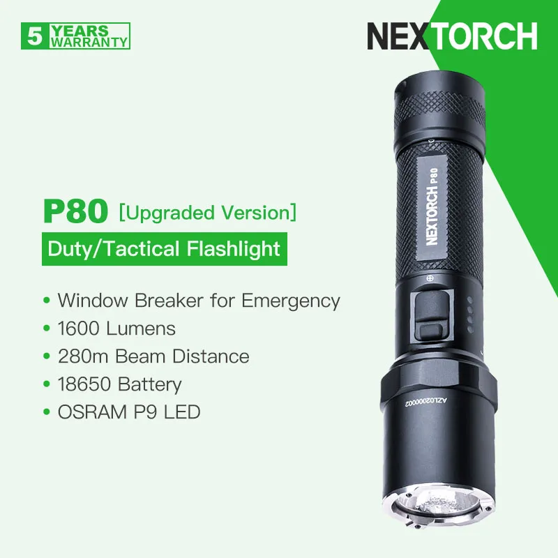 

Nextorch P80 (Upgraded version) Duty/Tactical Flashlight, 1600 Lumens 18650 Battery, Rechargeble Compact, Type-C Direct Charging