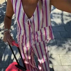 European And American Style 2024 Summer Women's New Fashionable And Minimalist Striped V-Neck Vest Casual Pants Two-Piece Set