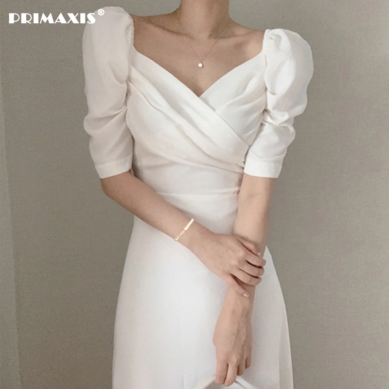 

V-neck Elegant Dresses for Women 2022 Long Skirt Casual Women's Dresses French Style Chiffon Bodycon Dress Bubble Sleeve