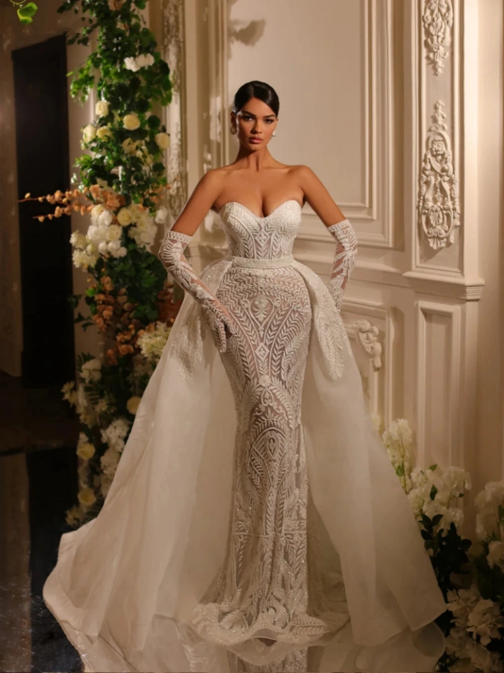 Luxury Mermaid Wedding Dresses Detachable Train Lace Sequine Strapless Bridal Gowns Custom Made Robes De Mariée