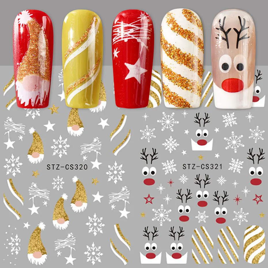 2 pezzi di cartone animato oro glitter adesivo per unghie Babbo Natale 3D carino alce di Natale fiocchi di neve cursore per unghie stella inverno capodanno forniture per unghie