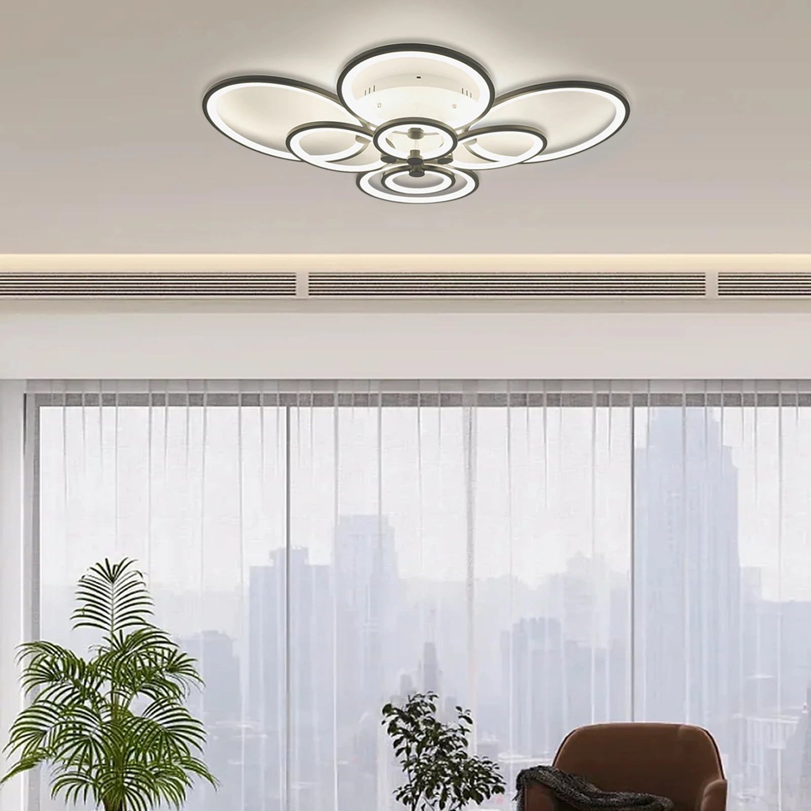 

8-Light Modern LED Ceiling Lamp with Remote Control, Transparent Acrylic Shade, Semi-Flush Mount Chandelier for Dining Room