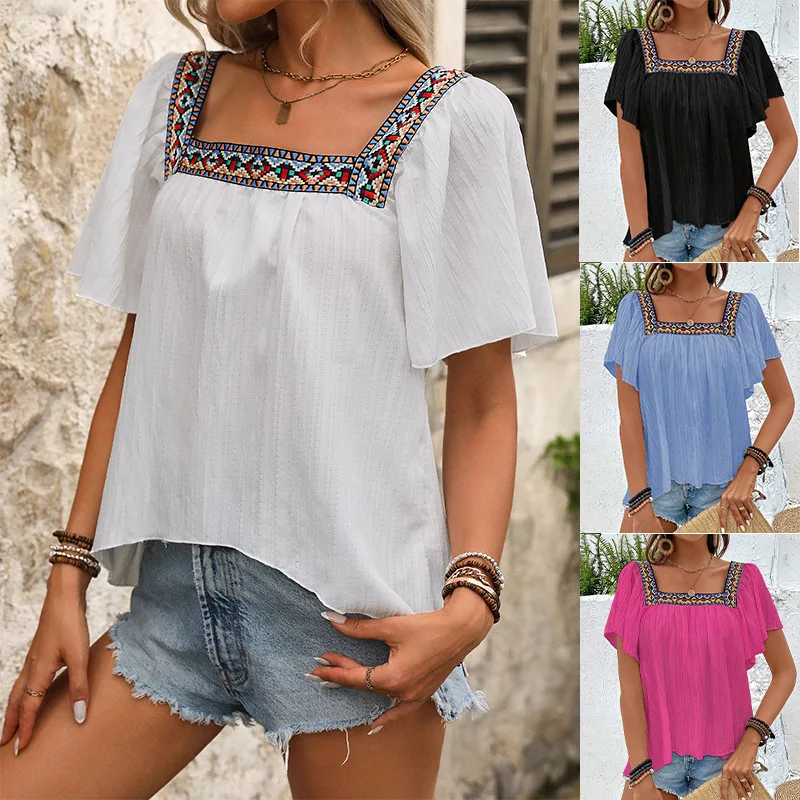 Summer Vacation Lace Embroidered Square Collar Shirt Pullover Lotus Leaf Short Sleeve Backless Shirt Women's Clothing Ropa Mujer