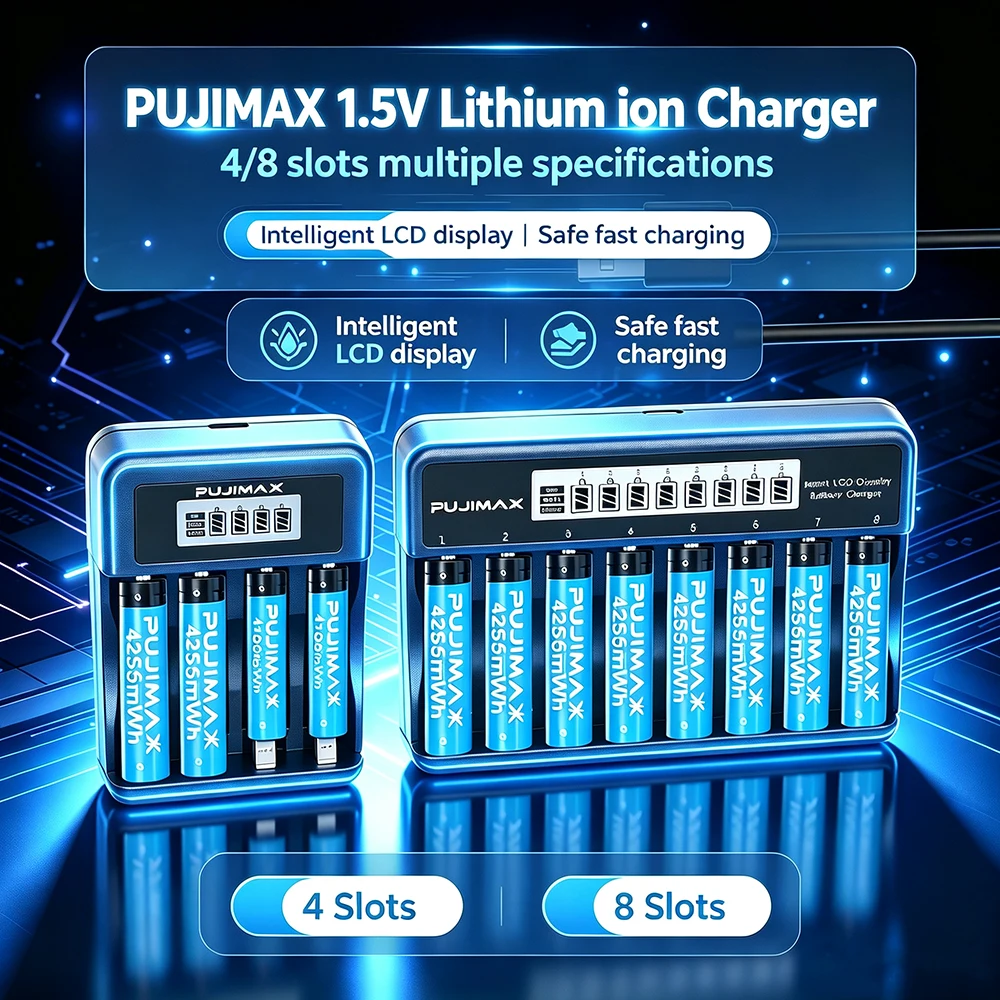PUJIMAX 4/8slot Battery Charger + AA 4255mWh AAA 1100mWh Battery Smart LCD Display Fast Charging for 1.5V AA/AAA Li-ion Battery