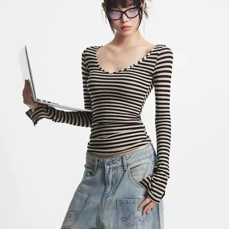 

American fashion Hottie T-shirt Subculture Striped long sleeve Tshirte autumn new slim-fit Tee womens punk high street chic tops