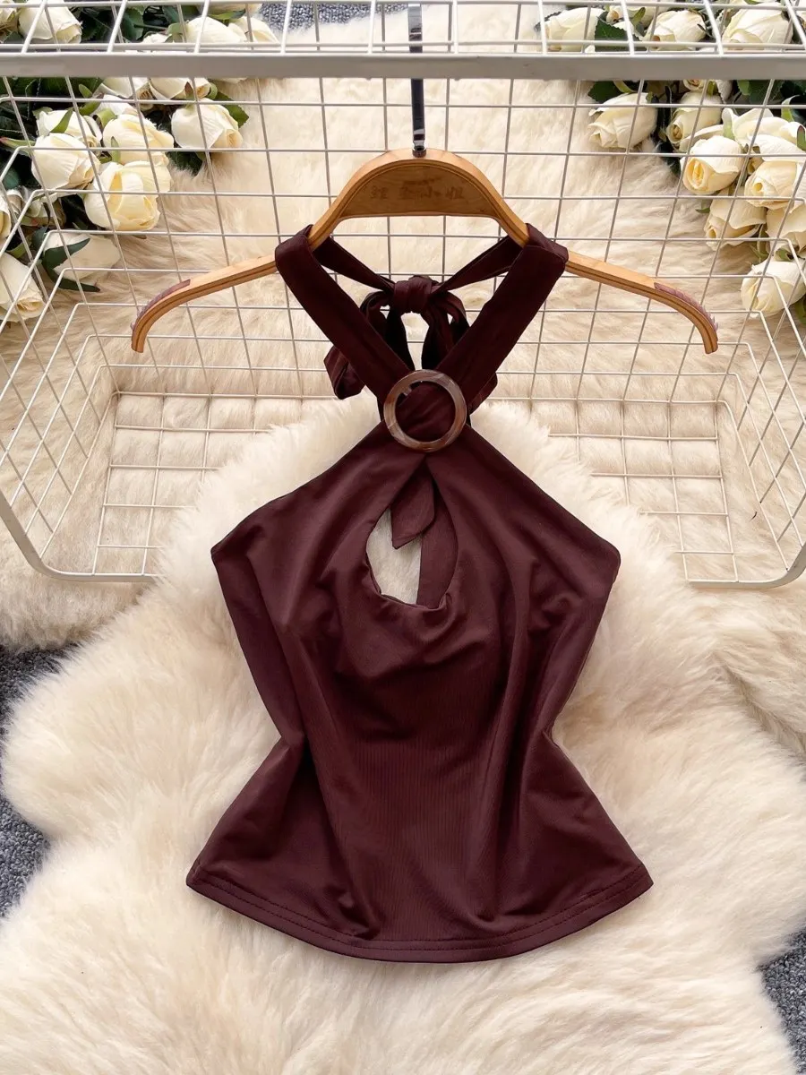 Foamlina European High Street Hollow Out Ring Buckle Halter Crop Top Women 2025 Summer Sexy Slim Fit Vest Tanks For Y2k Girls