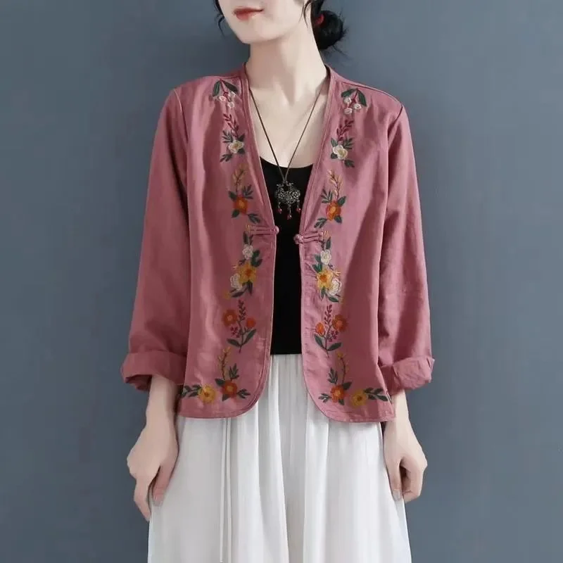 

2024 Early Autumn Women Cotton and Hemp Shirt Female Art Retro Long Sleeved Cotton and Hemp Top Embroidered Cardigan Casual Coat