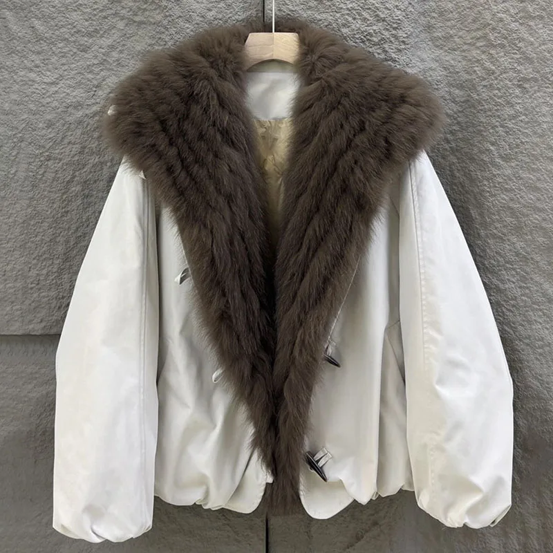 2025 겨울 여성용 리얼 폭스 퍼 칼라 다운 파카 여성 플러스 사이즈 두꺼운 따뜻한 구스 다운 코트 긴 소매 루즈 자켓 아우터웨어