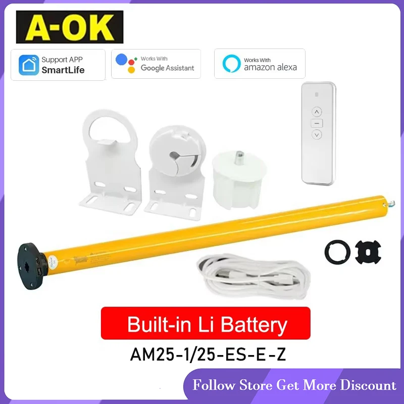 

A-OK AM25 Tuya Zigbee Smart Tubular Motor DC Roller Blind Shutter Li Battery RF433 Curtain Motor for 38mm Tube Alexa Google Home