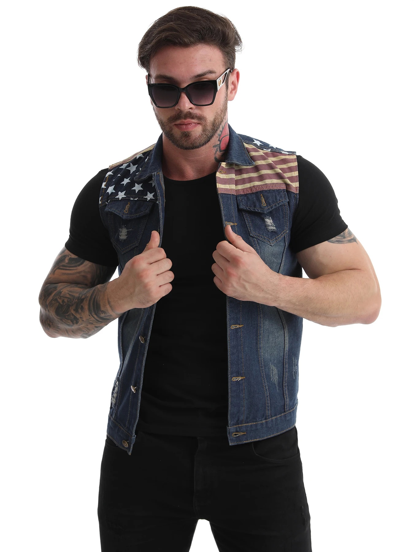 

Men`s American Flag Patriot Retro Washed Ripped Denim Jeans Waistcoat Vest Shirt Sleeveless Motorcycle Outerwear Biker Jacke