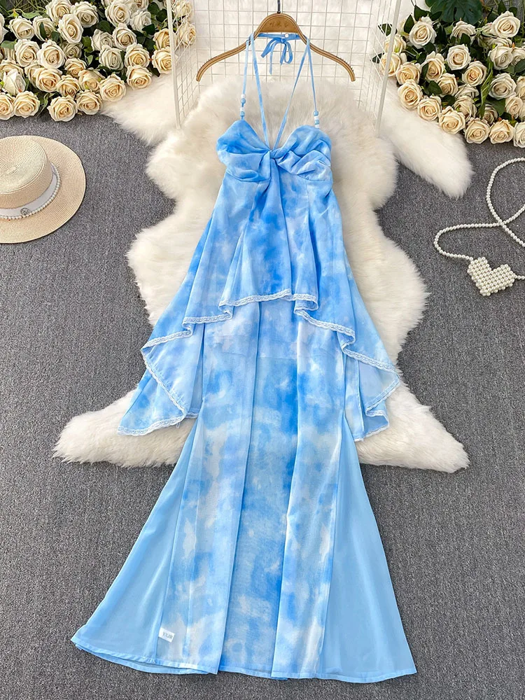 

Летнее пляжное платье с открытой спиной и завязками на шее, женское, из шифона, с оборками «лотос», синее, модель S437