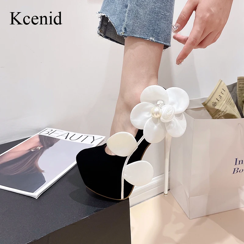 

Kcenid Model Catwalk Extreme High Heels Sexy Slingback Women Round Toe Wedding Banquet Shoes Fashion Big Flower Platform Pumps