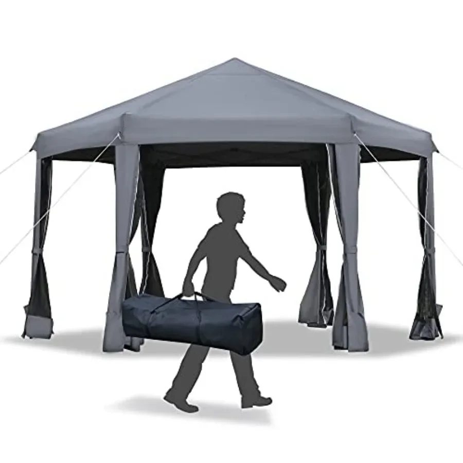 13' x 11' Hexagonal Pop Up Gazebo Heavy Duty Outdoor  Tent with 6 Mesh Sidewall Netting 3-Level Adjustable Height and Strong St