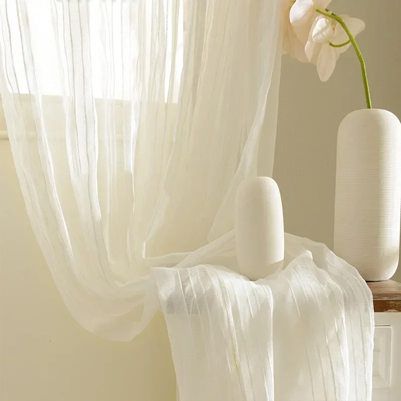 White Stripe Sheer Curtains for  Living Room Soft Rich Material Linen Delicate Patio Sliding Glass Door Window Panels