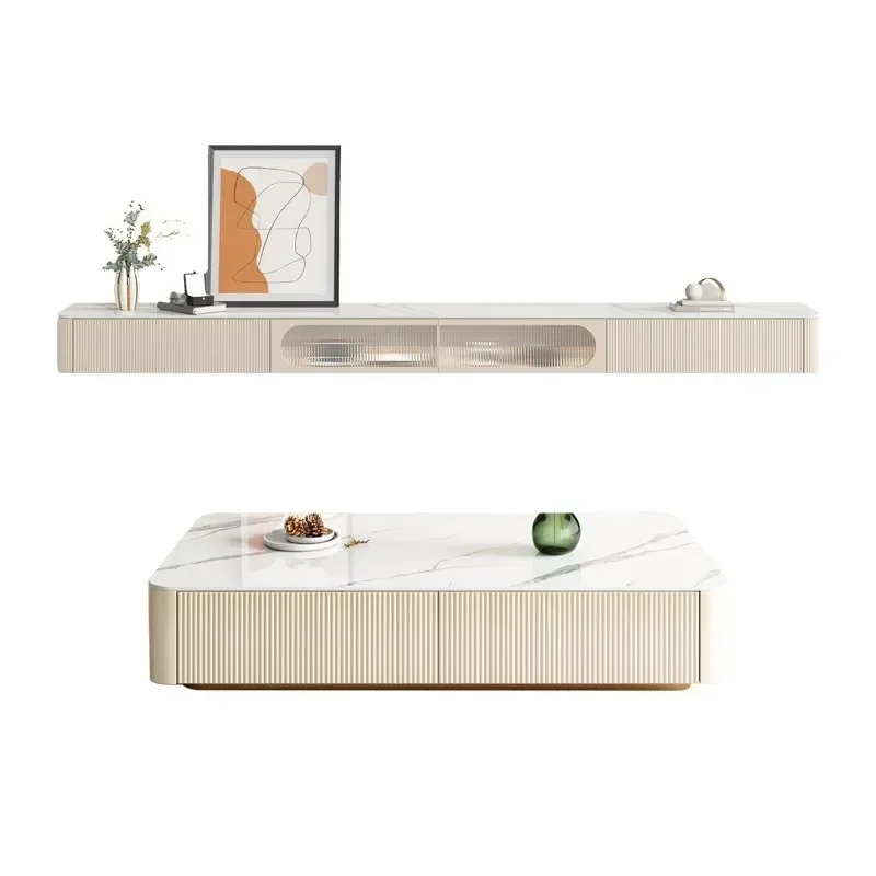 Modern Minimalist Wall Mounted TV Cabinet and Coffee Table Set Light Luxury Rock Slab Floating Storage Unit for Small