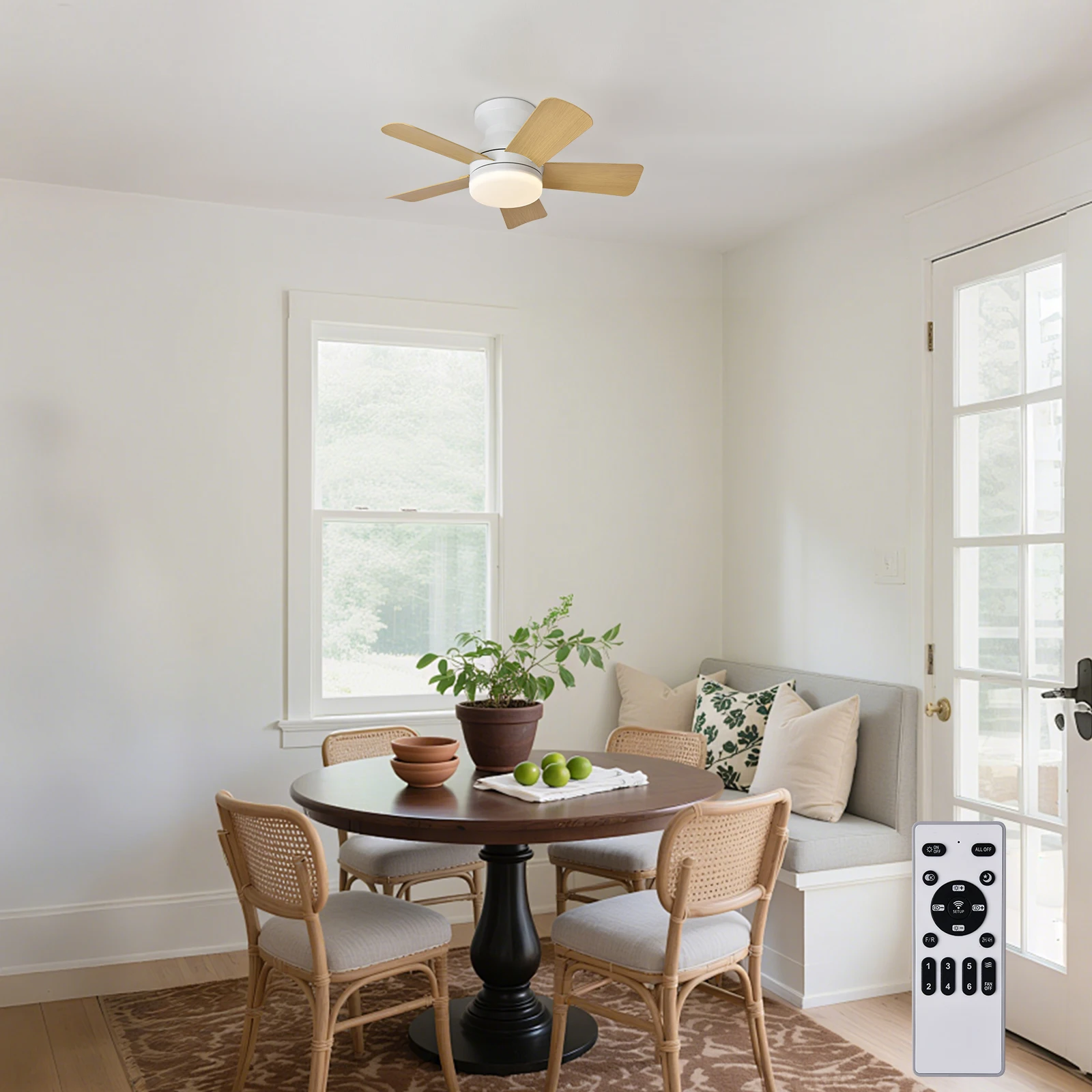 

low profile ceiling fan with lighting, adjustable brightness, suitable for indoor/outdoor use