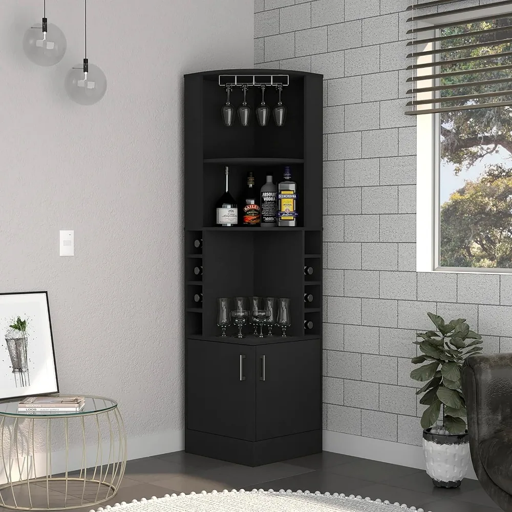 Corner Bar Cabinet with Glass Rack, Multiple Shelves, and 8 Wine Cubbies, Black Bar Storage