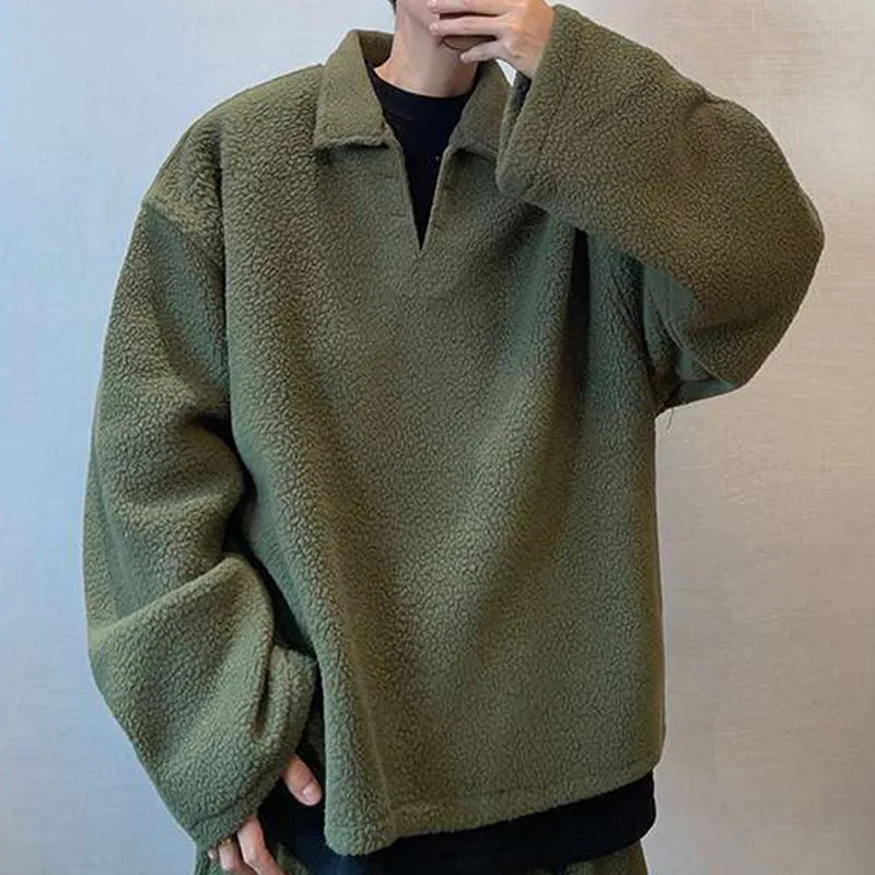 

Men's Autumn Winter Army Green Loose Short Lapel Grain Velvet Warm Thickened Brushed Sweatshirt INS