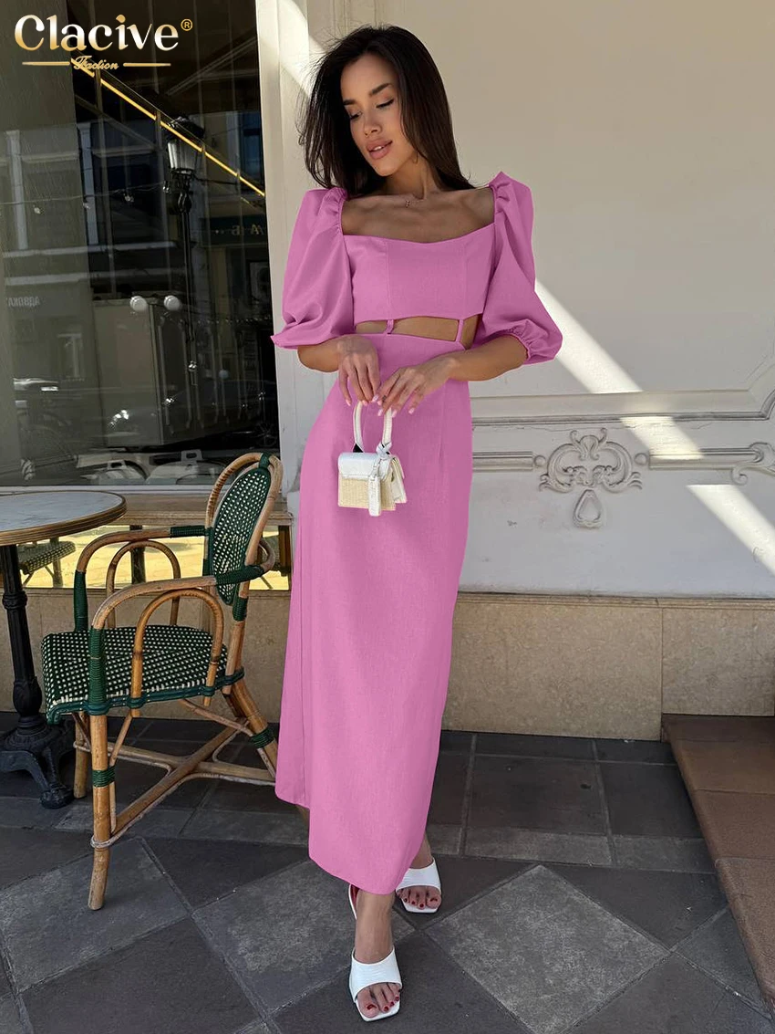 

Clacive Fashion Loose Pink Cotton Women's Dress 2026 Summer Short Sleeve Ankle Length Dresses Elegant Hollow Out Female Dress