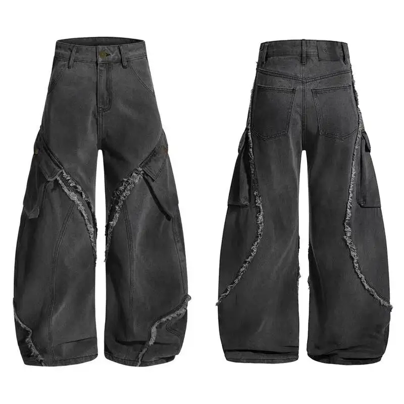 High End Men's Cargo Jeans European Casual Raw Edge Deconstructed Design High End Denim Avant Garde Streetwear