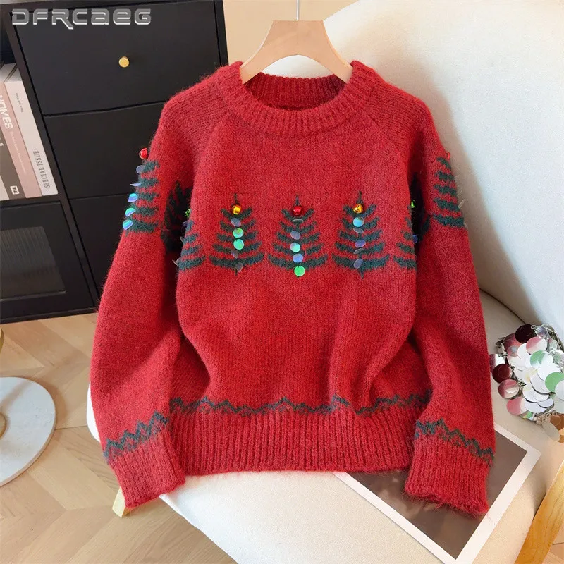 

Рождественский красный мягкий теплый милый женский свитер женский зимний свободный вязаный топ с длинными рукавами в стиле ретро с утепленными блестками
