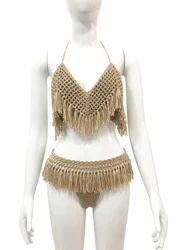 Women Crochet Tassel Bikinis Sets Sexy Lace-up Swimsuit Biquini Brazilian Feminino Transparent Bikini Thong Sexis Para Mujer