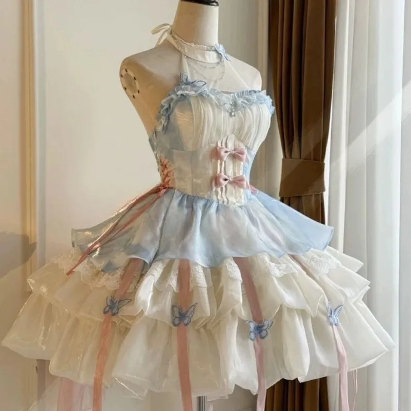 

Japanese Kawaii Bow Lace Lolita Women Sweet Cute Puff Sleeve Slim Pink Mini Dresses Female Pretty2025 New Fairy Princess Dress