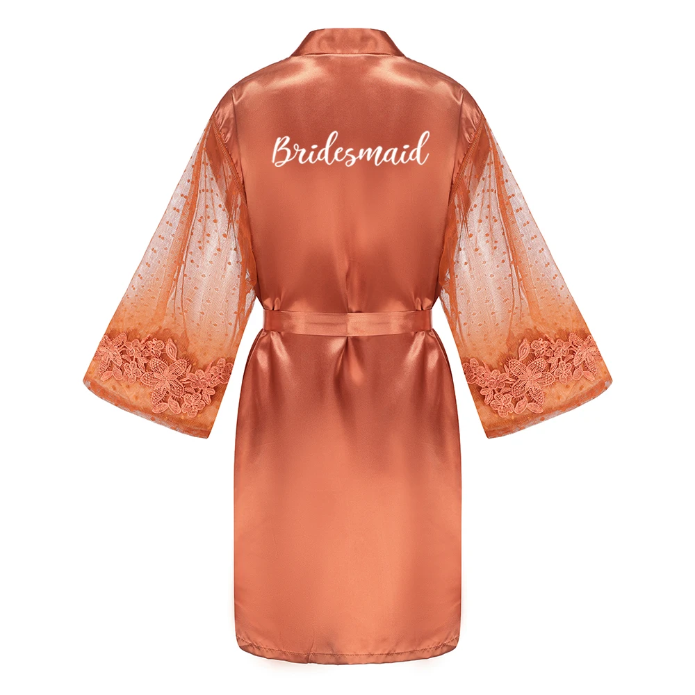 Caramel Wedding Bride Bridesmaid Robes Dressing Gown Sexy Women Bathrobe Night Shirts Short Women Kimono Mesh Sleeve